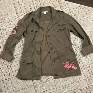 Olive Green Jacket with Floral Embroidery